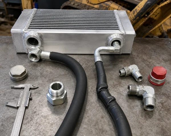 Hydraulische oliekoeler beperkende verloopfittingen en strakke slangbochten veroorzaken tegendruk