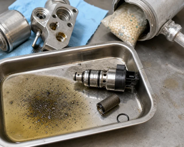 AC compressor control valve contamination check with debris in oil tray, filter screen, O-ring, and drier material