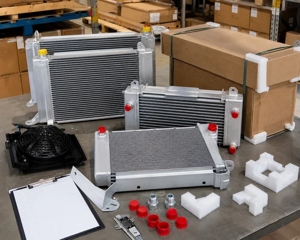 Hydraulic oil cooler supplier QC packaging port caps brackets and batch inspection