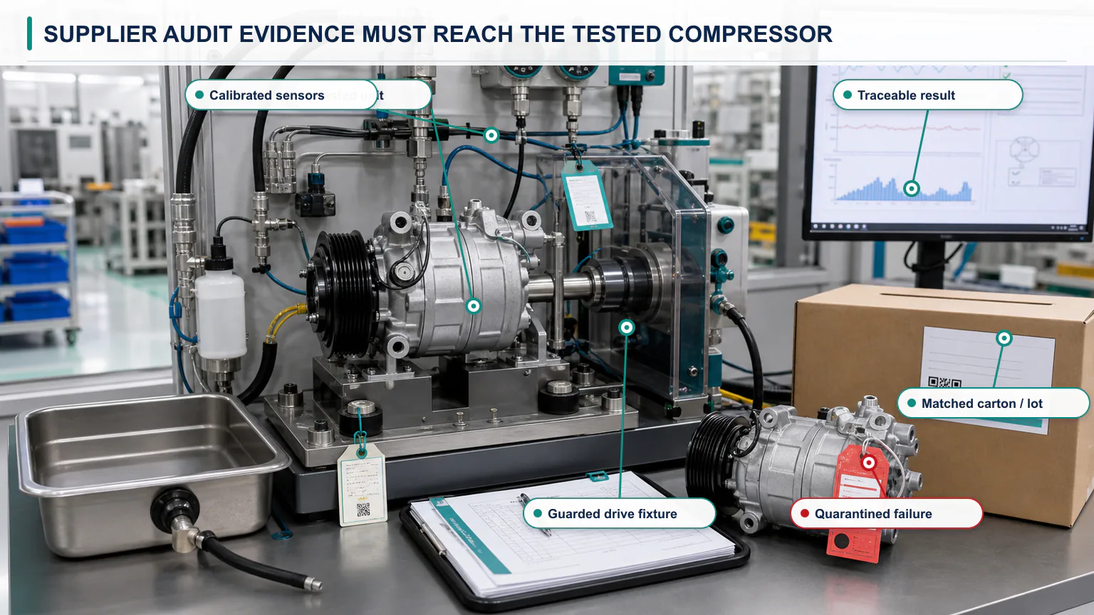 Automotive AC compressor supplier audit evidence pyramid from QMS certificate to process records, witnessed tests and pilot-lot results