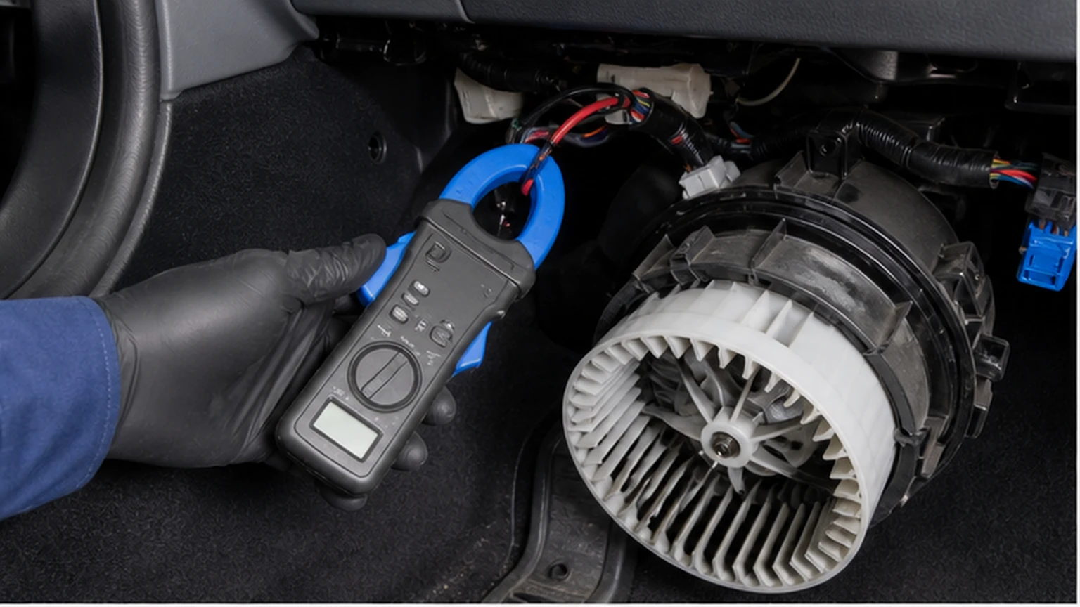 Technician measuring installed automotive HVAC blower motor current with a DC current clamp