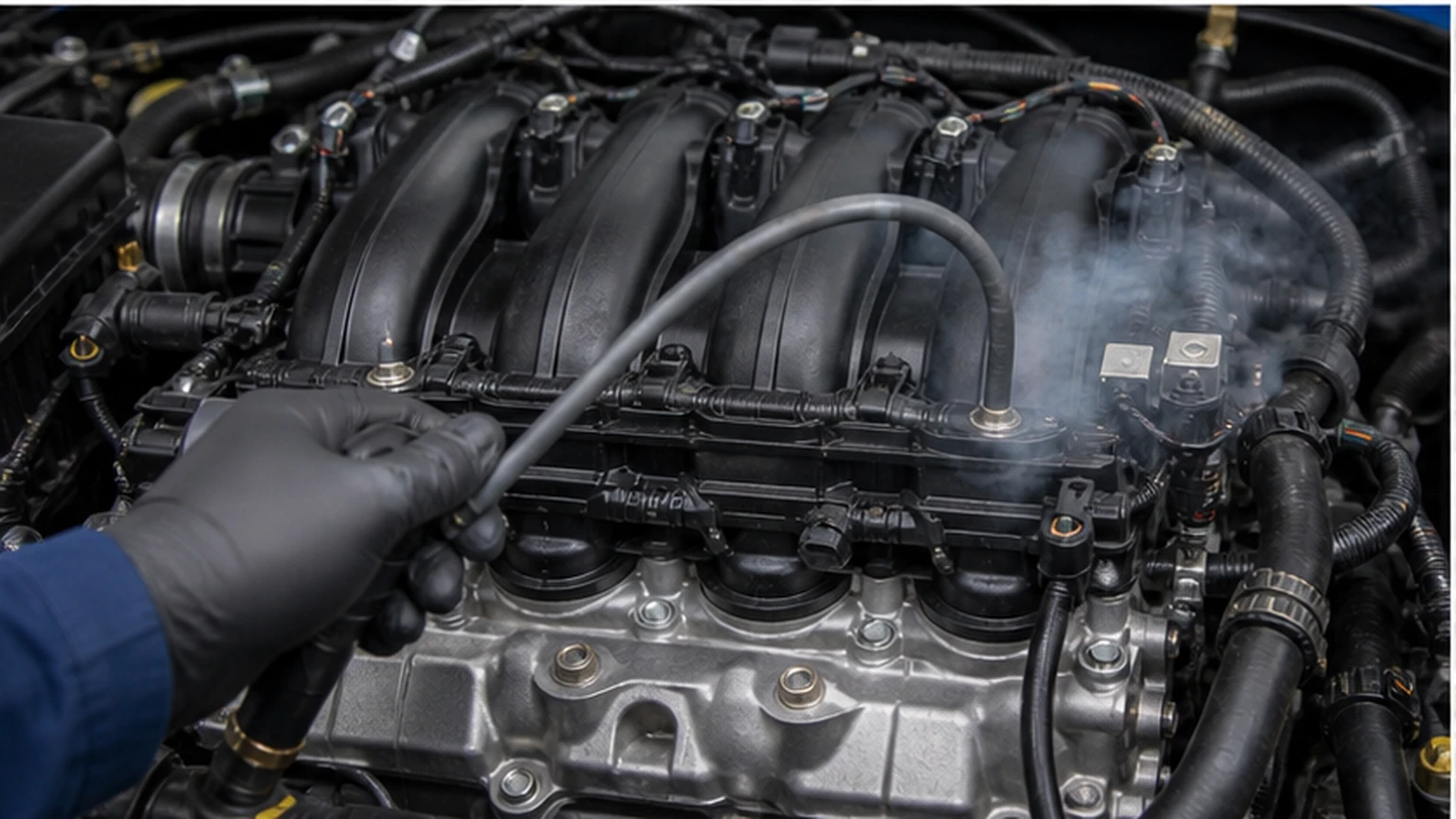 Technician performing a controlled smoke leak test around a plastic intake manifold flange and injector seals