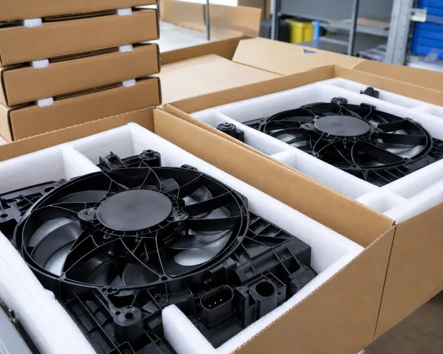 Packaged radiator fan assemblies prepared for wholesale receiving inspection