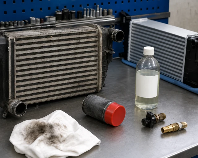 Charge air cooler clean inspect or replace decision with solvent, cloth, caps, and replacement core